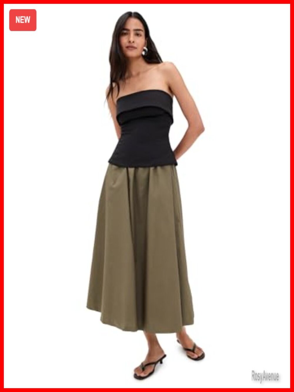 Mixed Media Midi Dress Split Hem Fold-Over Casual Stretch